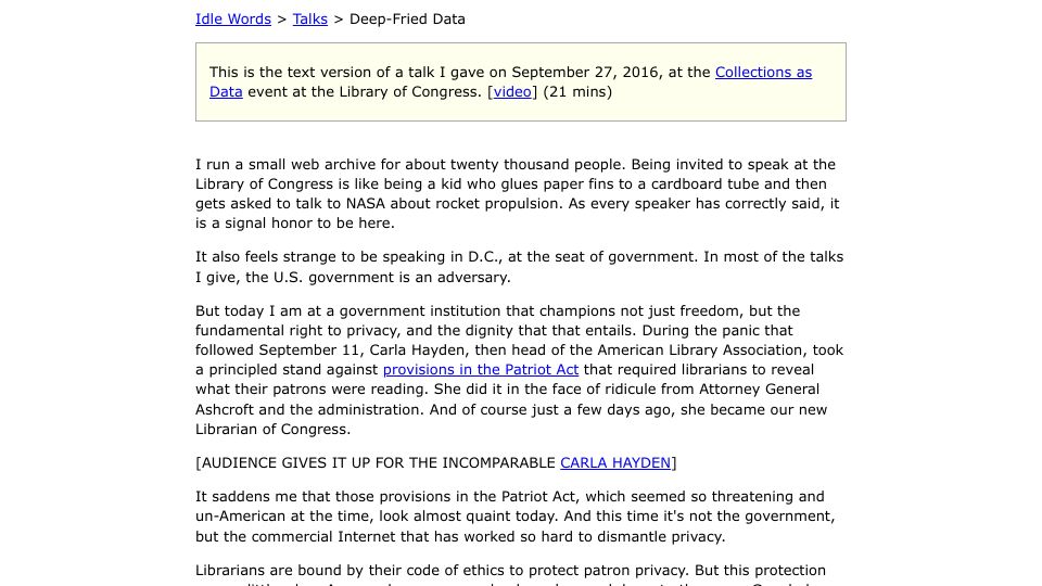 Screenshot of idlewords.com: Deep-Fried Data (2016)