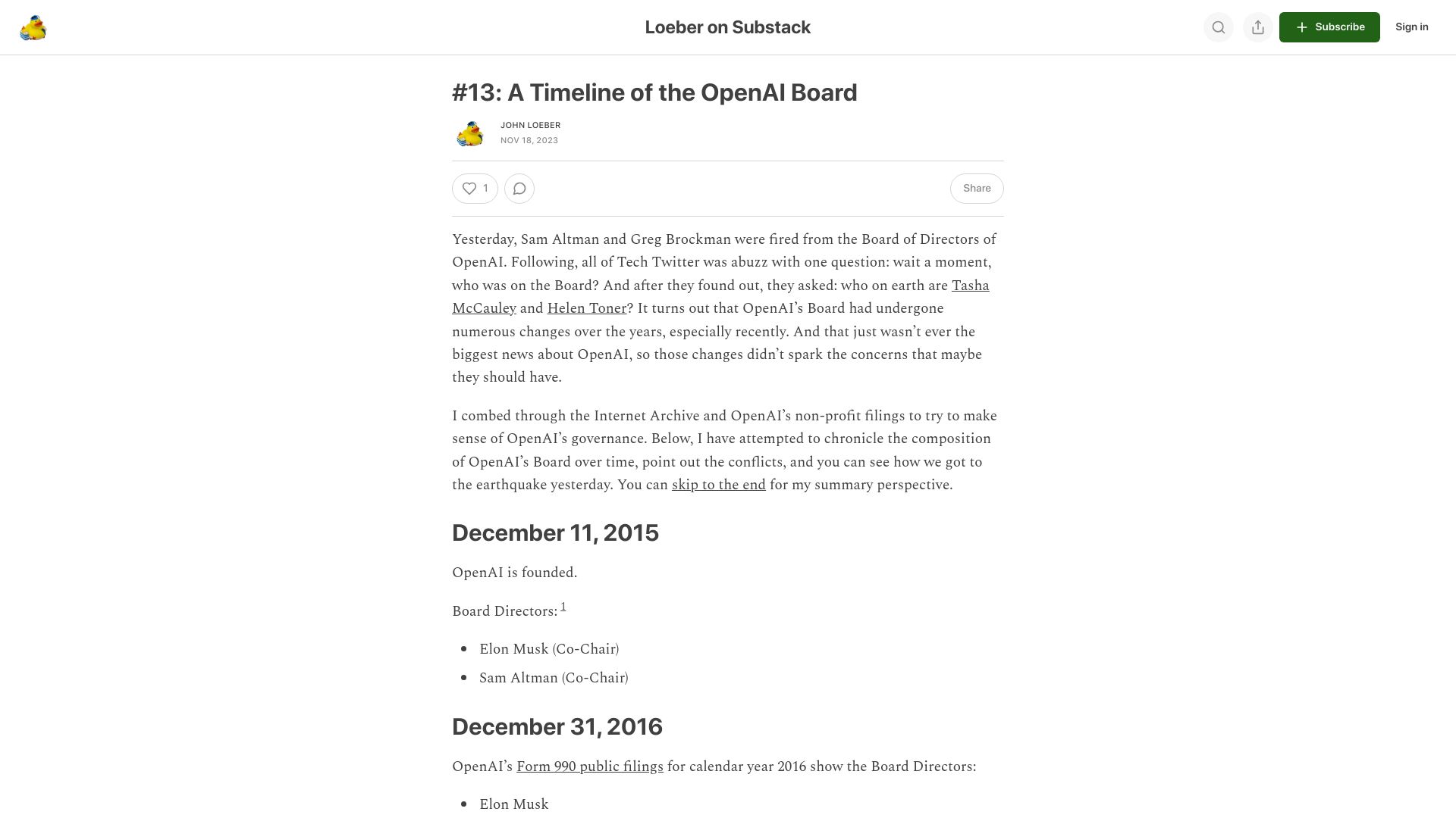 Screenshot of loeber.substack.com: A Timeline of the OpenAI Board