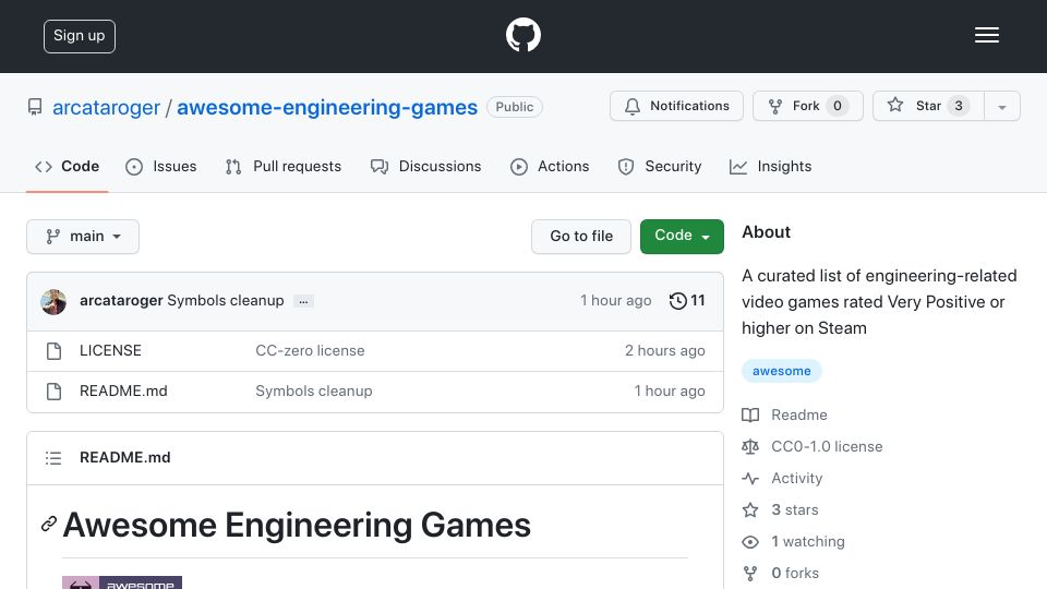 Screenshot of github.com: Awesome Engineering Games