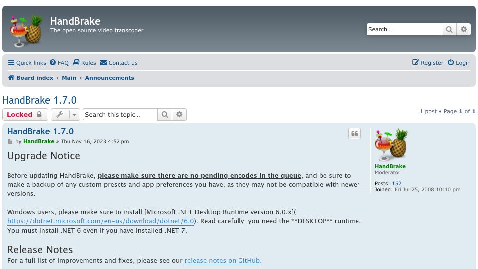 Screenshot of forum.handbrake.fr: HandBrake 1.7.0 – The open source video transcoder