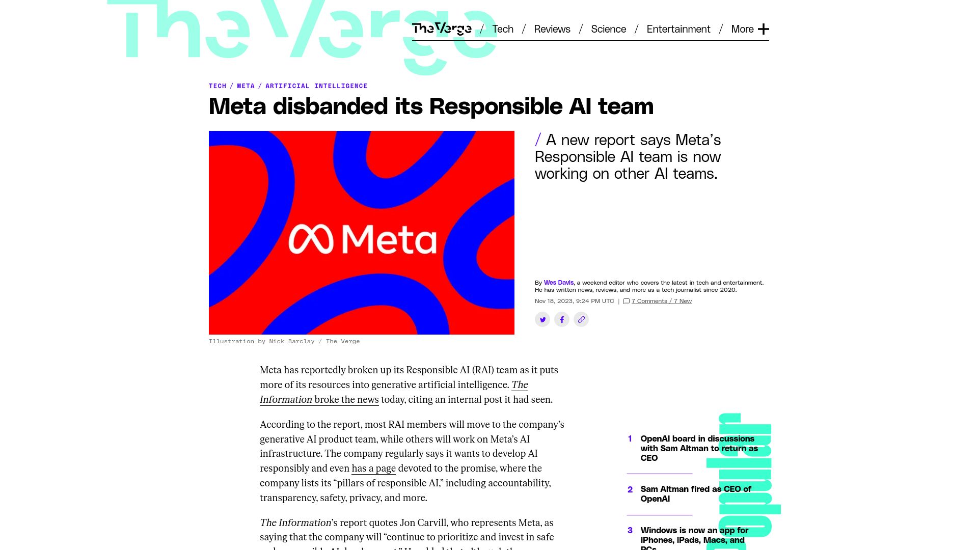 Screenshot of theverge.com: Meta disbanded its Responsible AI team