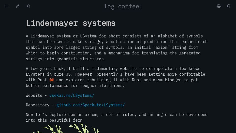 Screenshot of vsekar.me: Lindenmayer systems