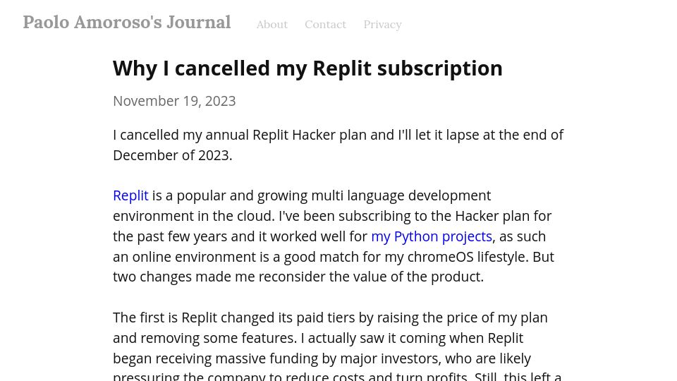 Screenshot of journal.paoloamoroso.com: I cancelled my Replit subscription