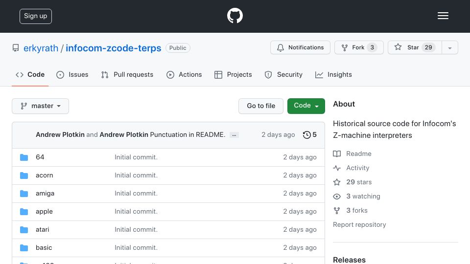 Screenshot of github.com: Infocom-zcode-terps: Historical source code for Infocom's Z-machine interpreters