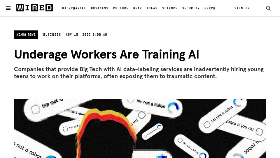 Screenshot of wired.com: Underage Workers Are Training AI