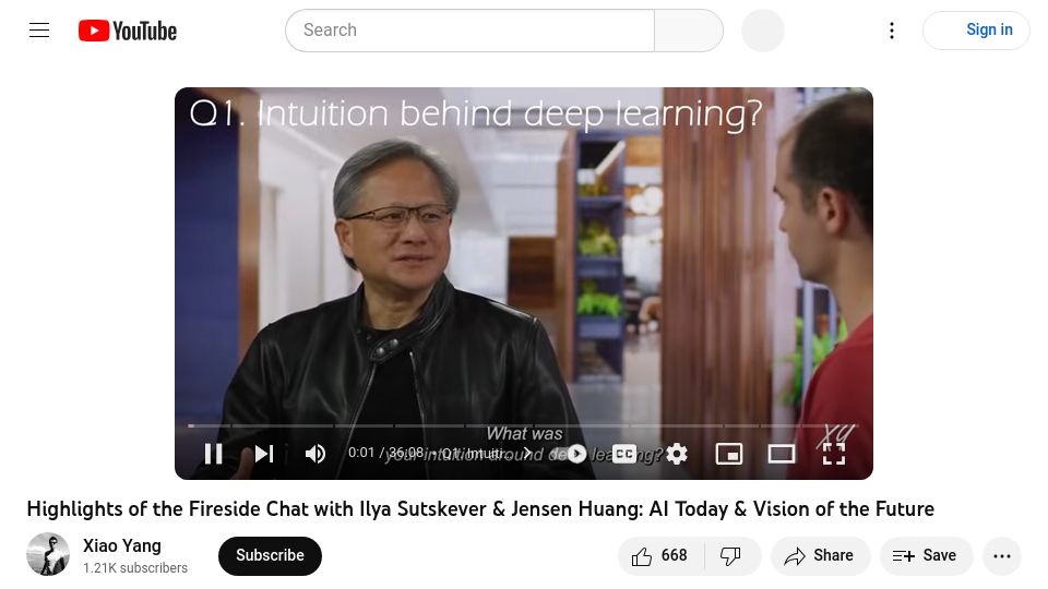 Screenshot of youtube.com: Fireside Chat with Ilya Sutskever and Jensen Huang