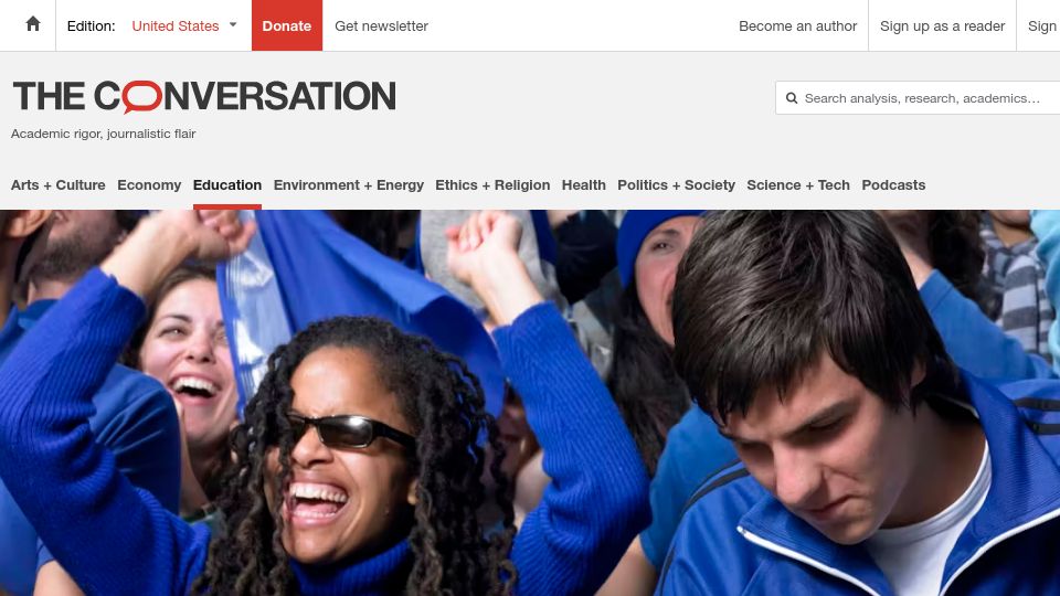 Screenshot of theconversation.com: Colleges face gambling addiction among students as sports betting spreads