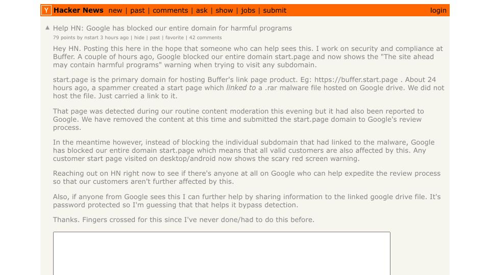 Screenshot of Hacker News post: Help HN: Google has blocked our entire domain for harmful programs