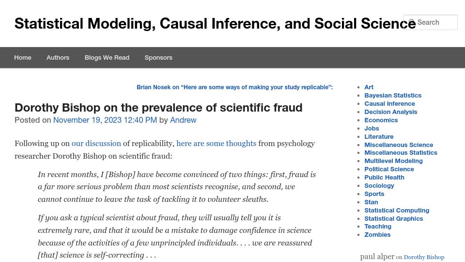 Screenshot of statmodeling.stat.columbia.edu: Dorothy Bishop on the prevalence of scientific fraud