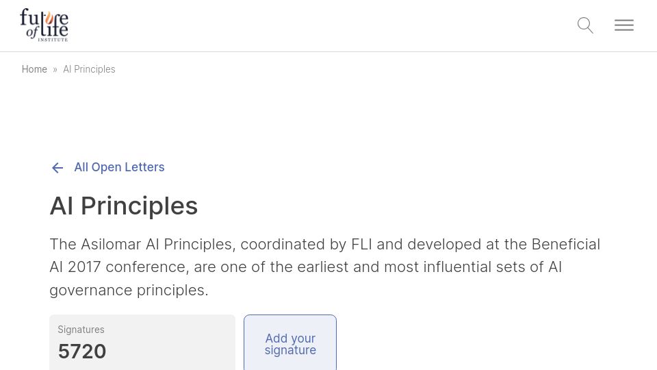 Screenshot of futureoflife.org: Asilomar Principles (2017)