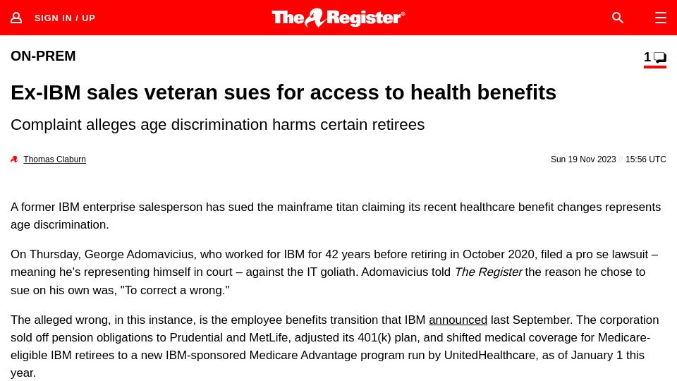 Screenshot of theregister.com: Ex-IBM sales veteran sues for access to health benefits