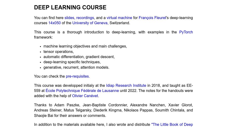 Screenshot of fleuret.org: Deep Learning Course