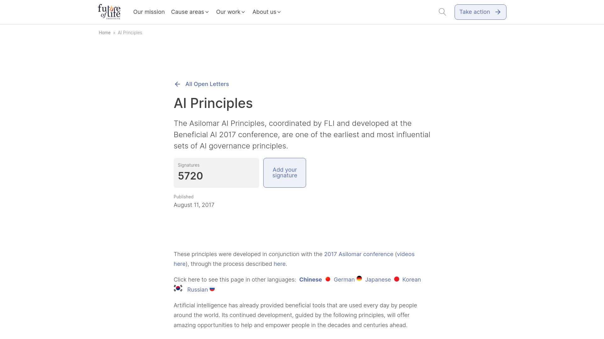 Screenshot of futureoflife.org: Asilomar Principles (2017)