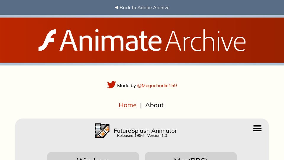 Screenshot of animatearchive.neocities.org: AnimateArchive (old versions of Adobe Flash)