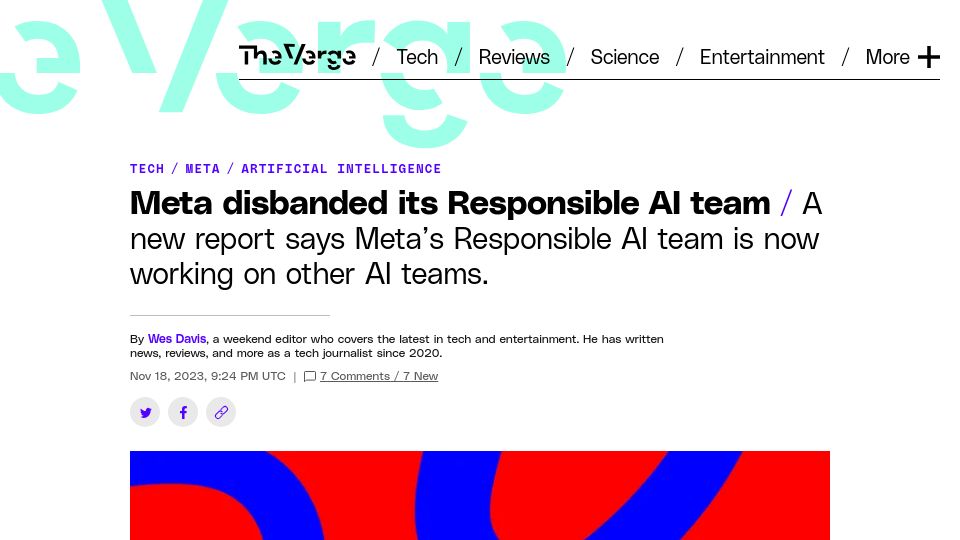 Screenshot of theverge.com: Meta disbanded its Responsible AI team