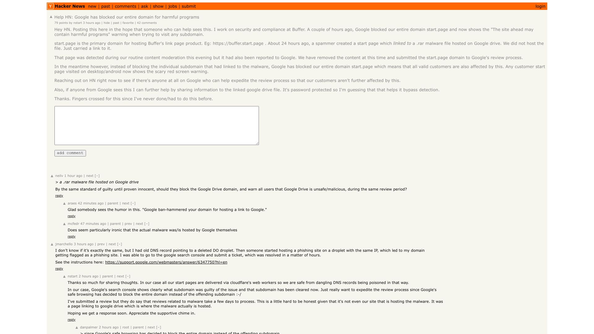 Screenshot of this Hacker News post: Help HN: Google has blocked our entire domain for harmful programs