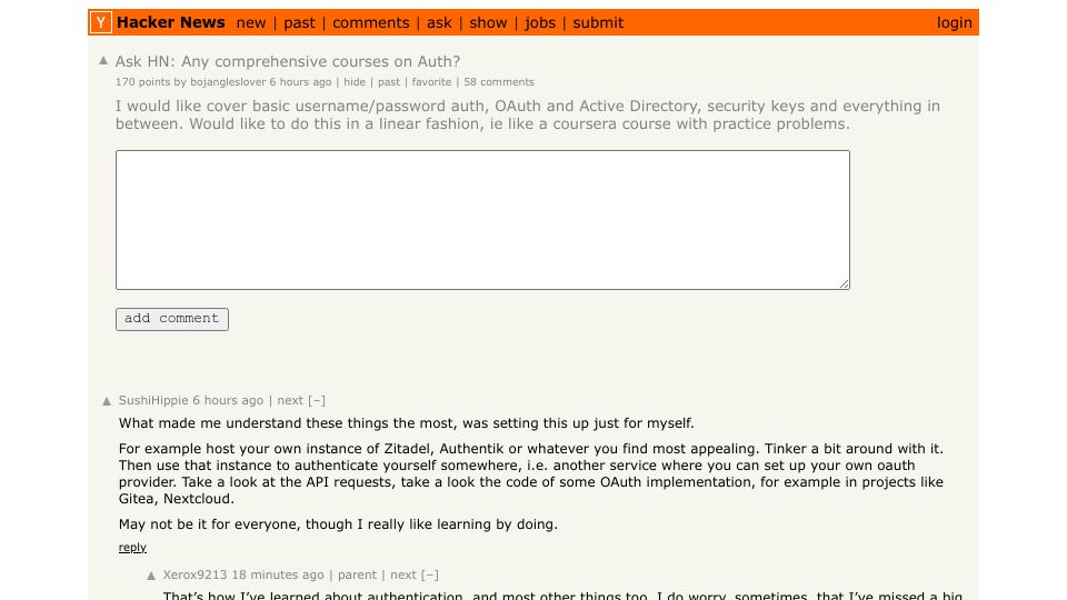 Screenshot of Hacker News post: Ask HN: Any comprehensive courses on Auth?