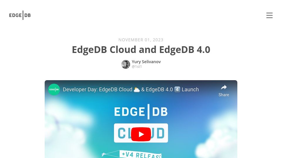 Screenshot of edgedb.com: Show HN: EdgeDB Cloud and 4.0 with FTS and Auth