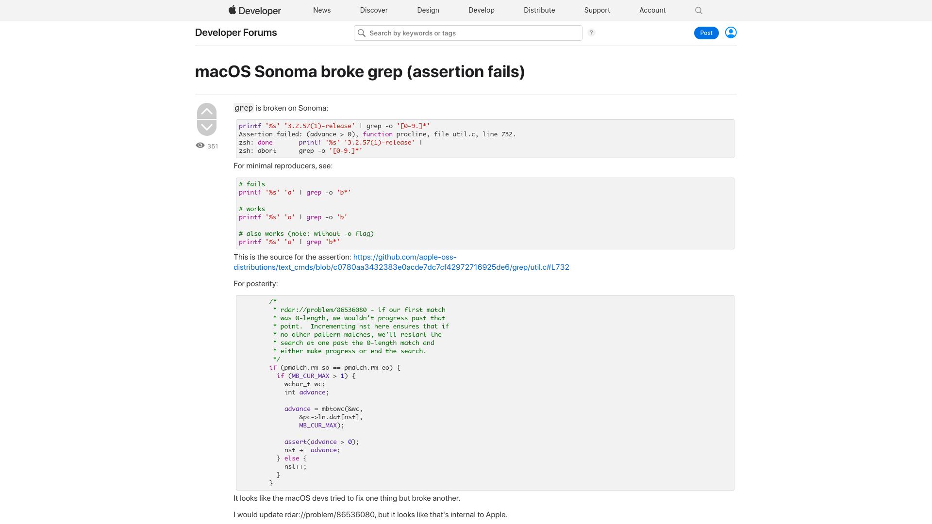 Screenshot of developer.apple.com: macOS Sonoma Broke Grep