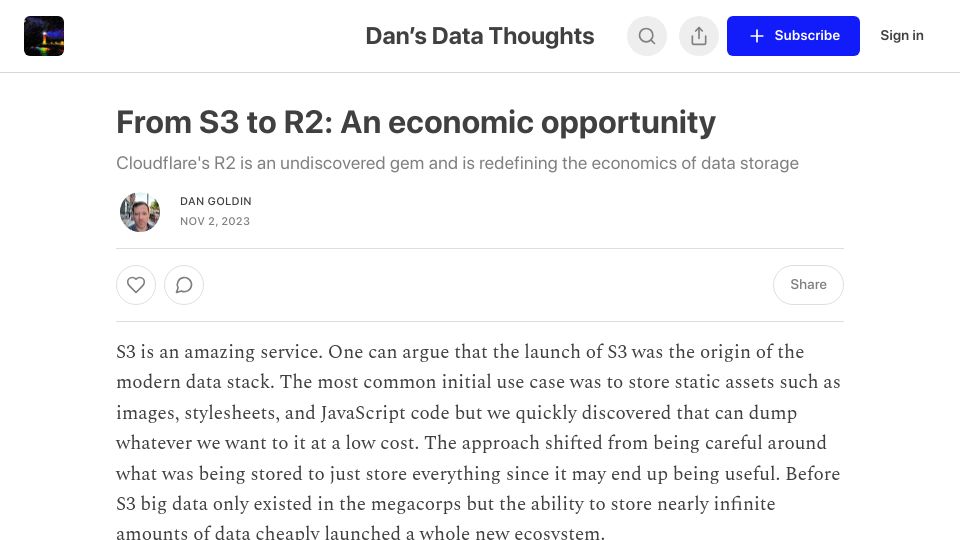 Screenshot of dansdatathoughts.substack.com: From S3 to R2: An economic opportunity