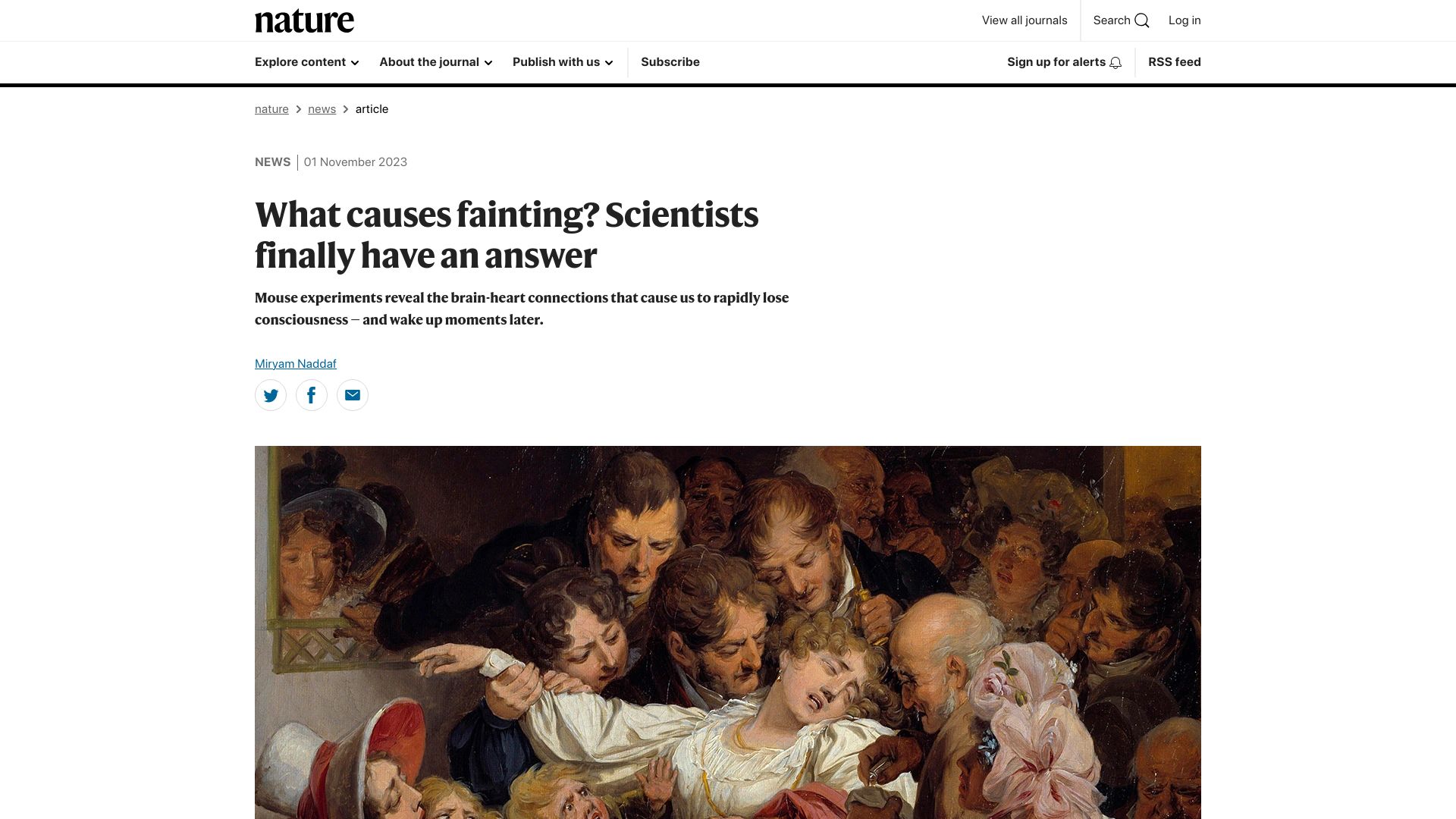 Screenshot of nature.com: Mouse experiments reveal the brain-heart connections that cause fainting