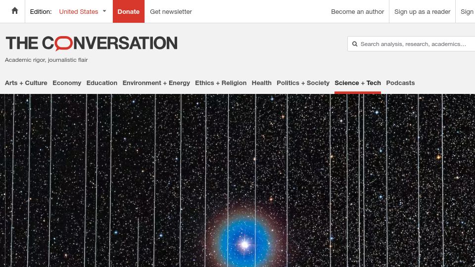 Screenshot of theconversation.com: Starlink satellites are 'leaking' signals that interfere with radio telescopes