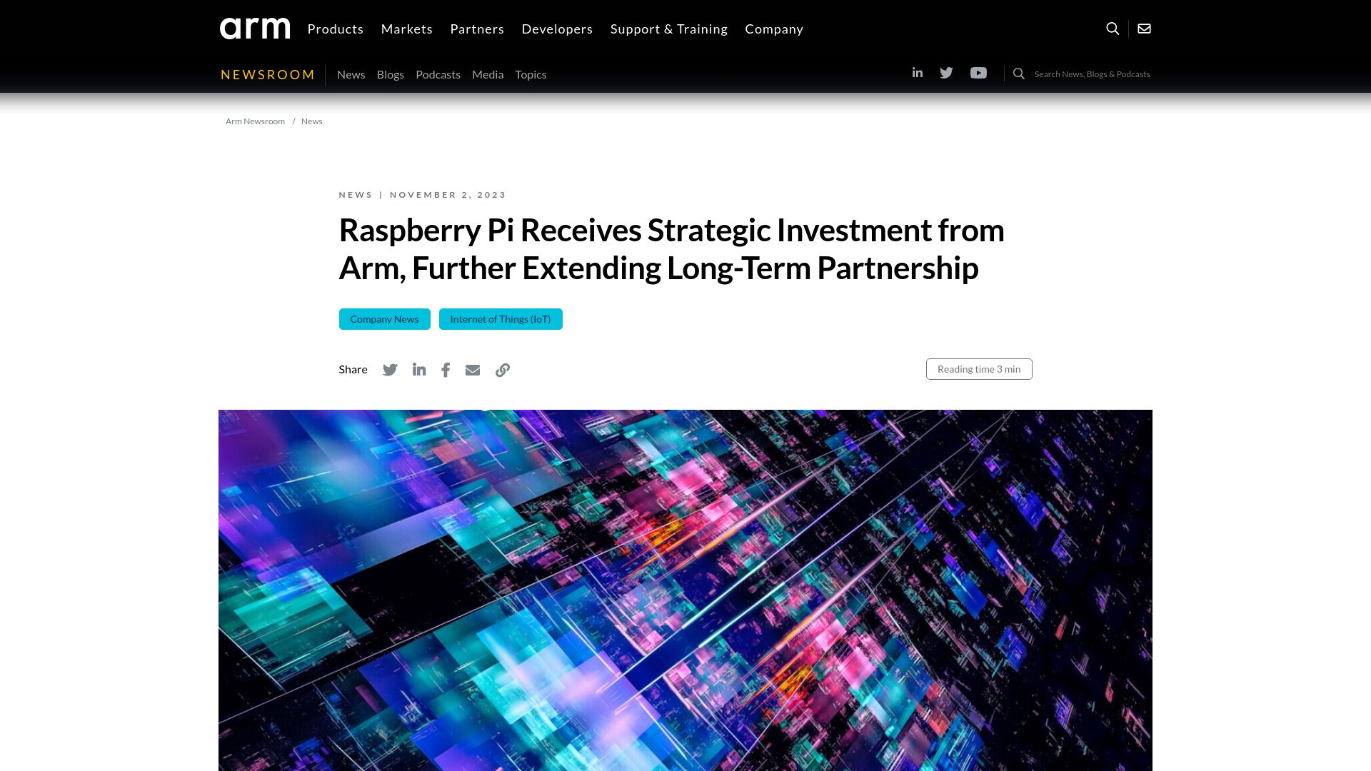 Screenshot of newsroom.arm.com: Raspberry Pi receives strategic investment from Arm