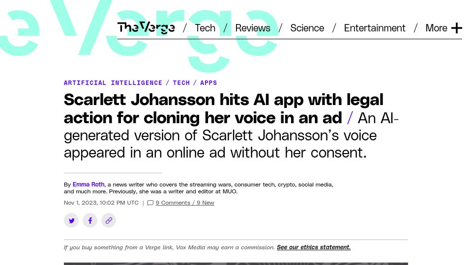 Screenshot of theverge.com: Scarlett Johansson hits AI app with legal action for cloning her voice in an ad