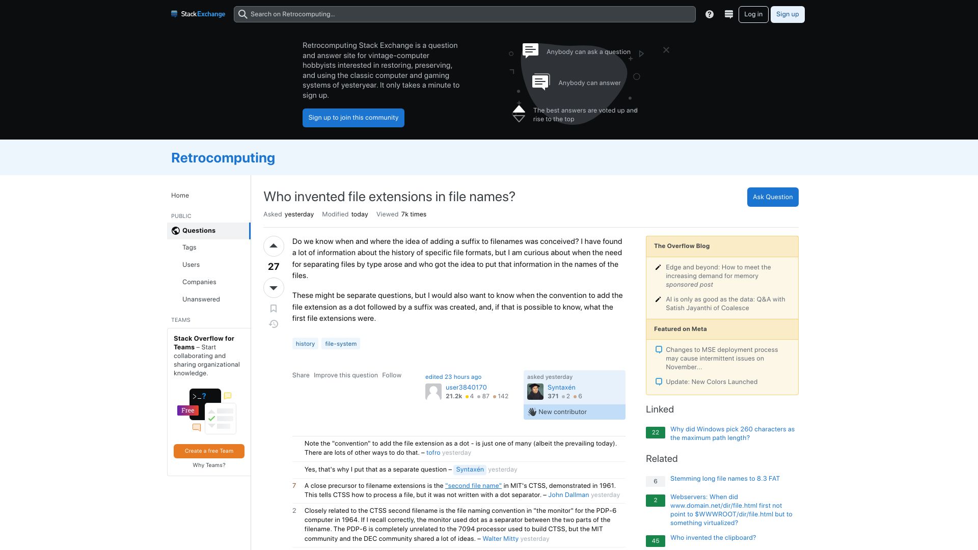 Screenshot of retrocomputing.stackexchange.com: Who invented file extensions in file names?