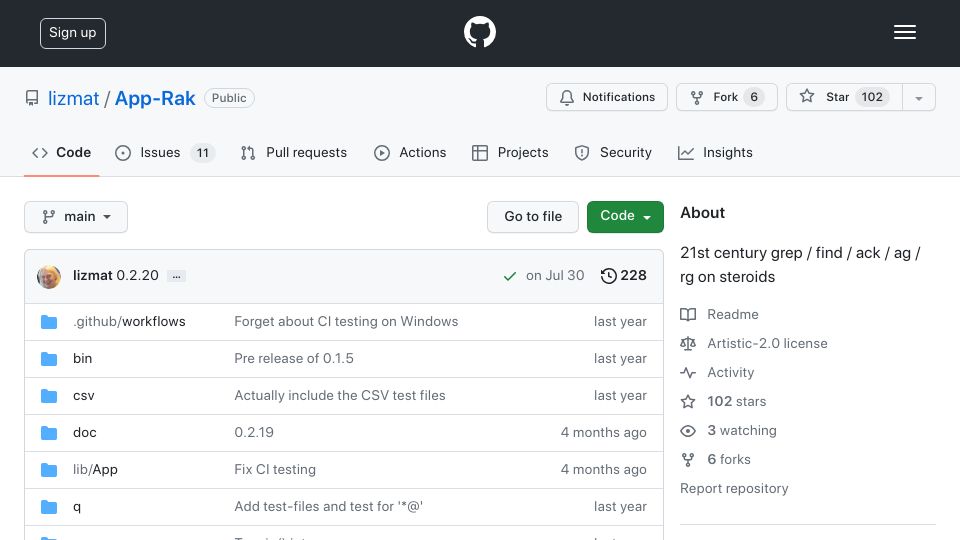 Screenshot of github.com: App::Rak – 21st century grep / find / ack / ag / rg on steroids