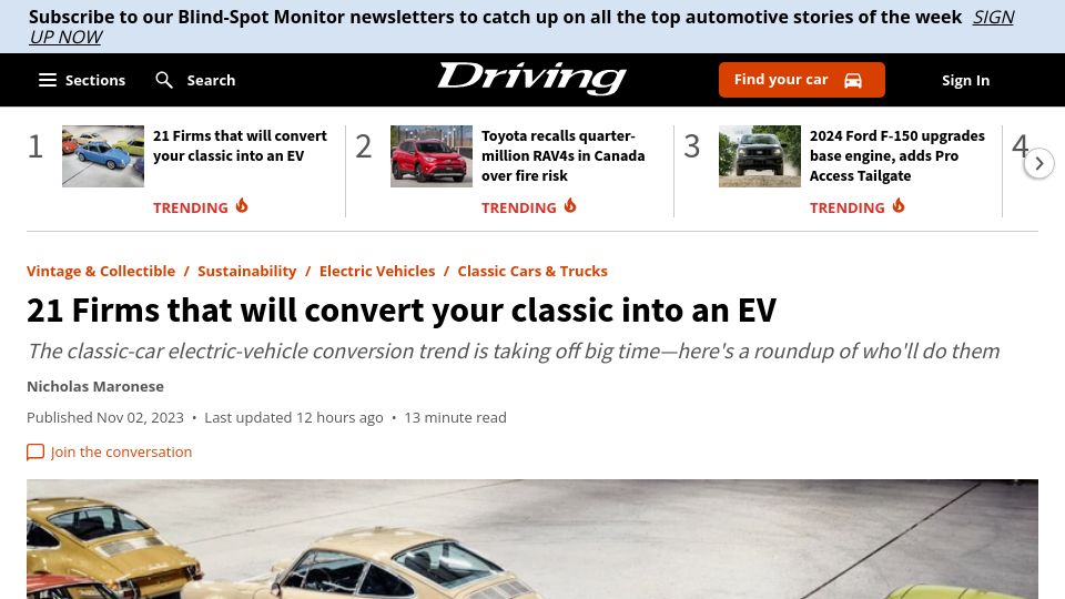 Screenshot of driving.ca: 21 Firms that will convert your classic into an EV