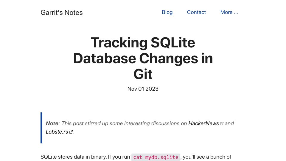 Screenshot of garrit.xyz: Tracking SQLite Database Changes in Git