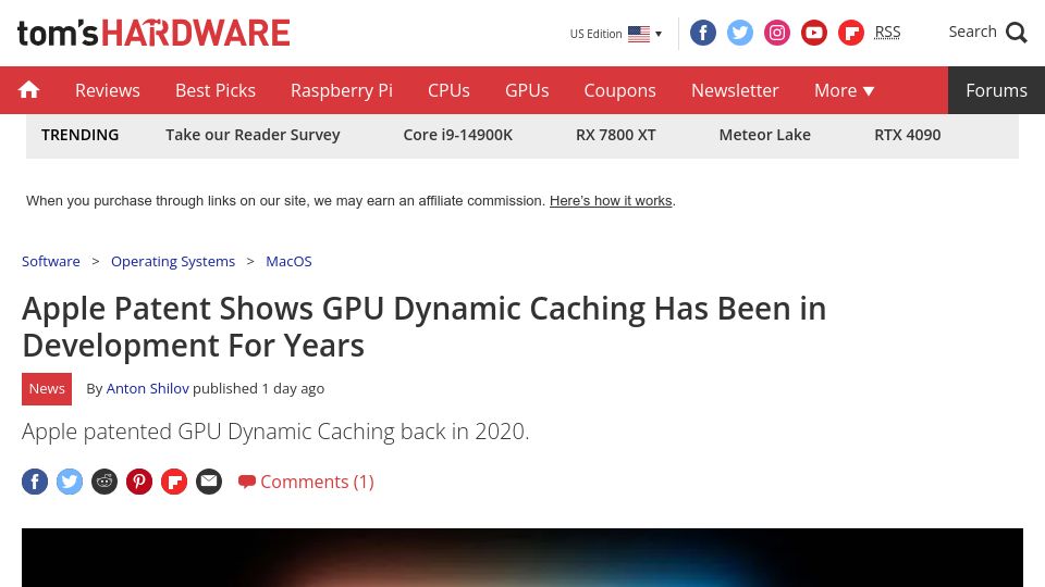Screenshot of tomshardware.com: Apple Patent Shows GPU Dynamic Caching Has Been in Development for Years
