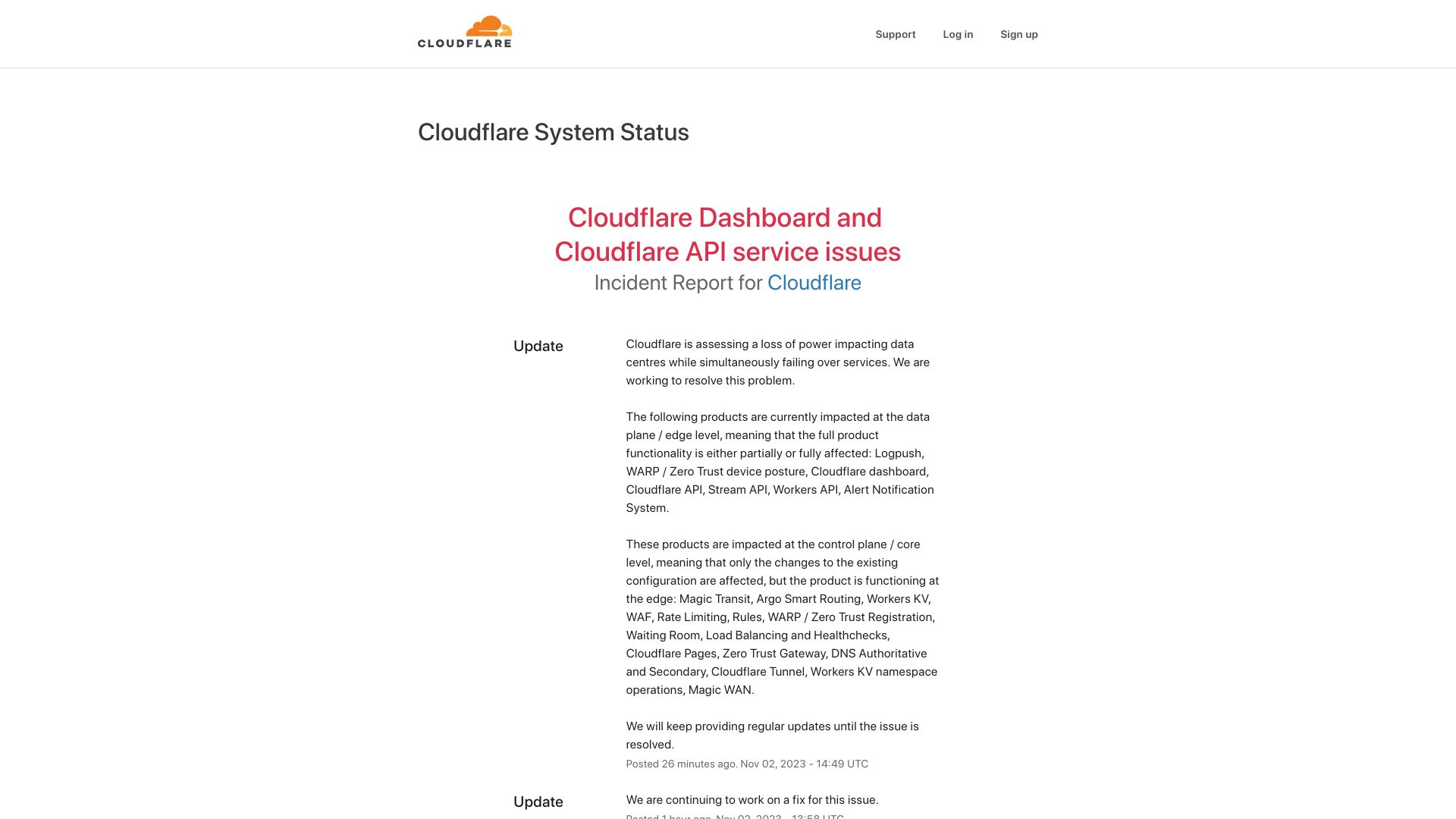 Screenshot of cloudflarestatus.com: Cloudflare API Down