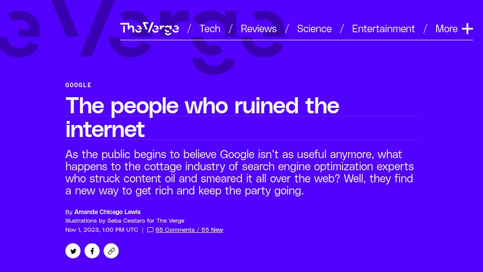 Screenshot of theverge.com: As the public begins to believe Google isn’t as useful, what happens to SEO?