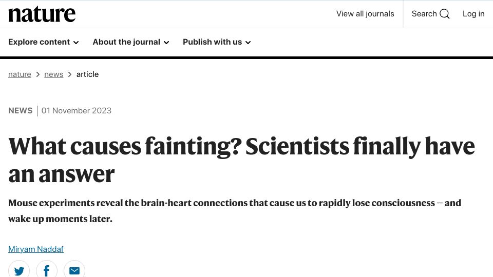 Screenshot of nature.com: Mouse experiments reveal the brain-heart connections that cause fainting