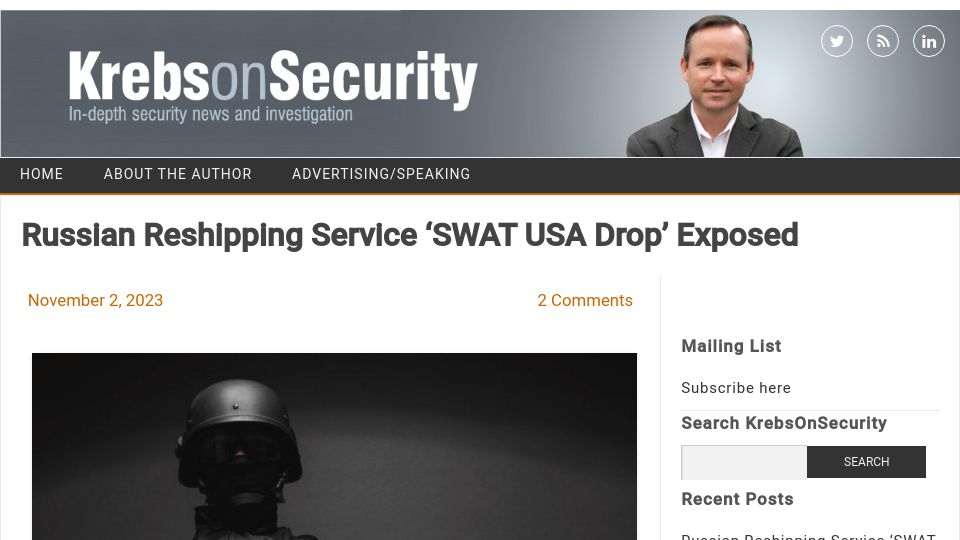 Screenshot of krebsonsecurity.com: Russian Reshipping Service 'Swat USA Drop' Exposed