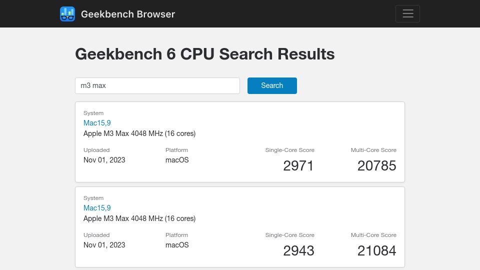 Screenshot of browser.geekbench.com: M3 Max Geekbench