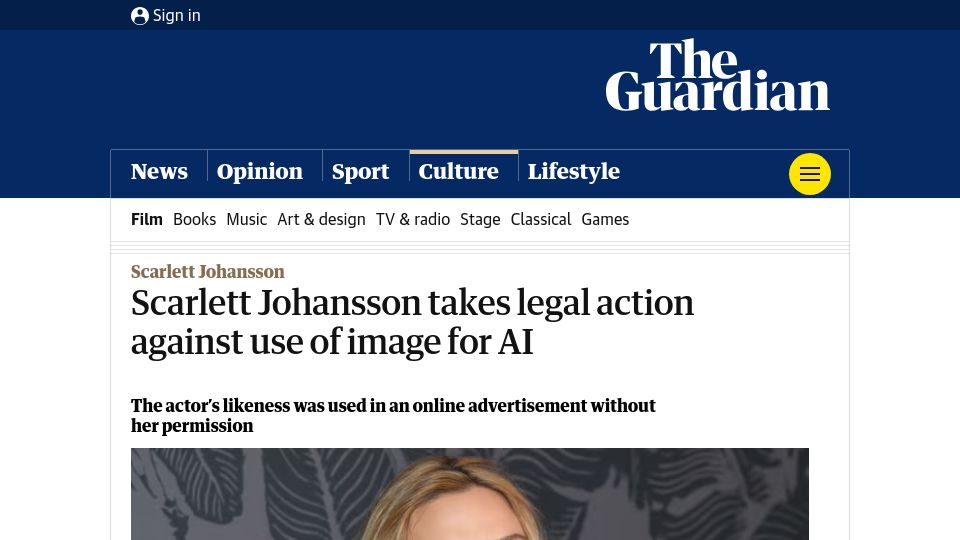 Screenshot of theguardian.com: Scarlett Johansson takes legal action against use of image for AI