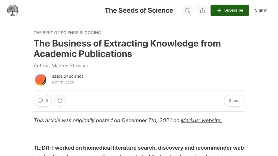 Screenshot of theseedsofscience.pub: The business of extracting knowledge from academic publications