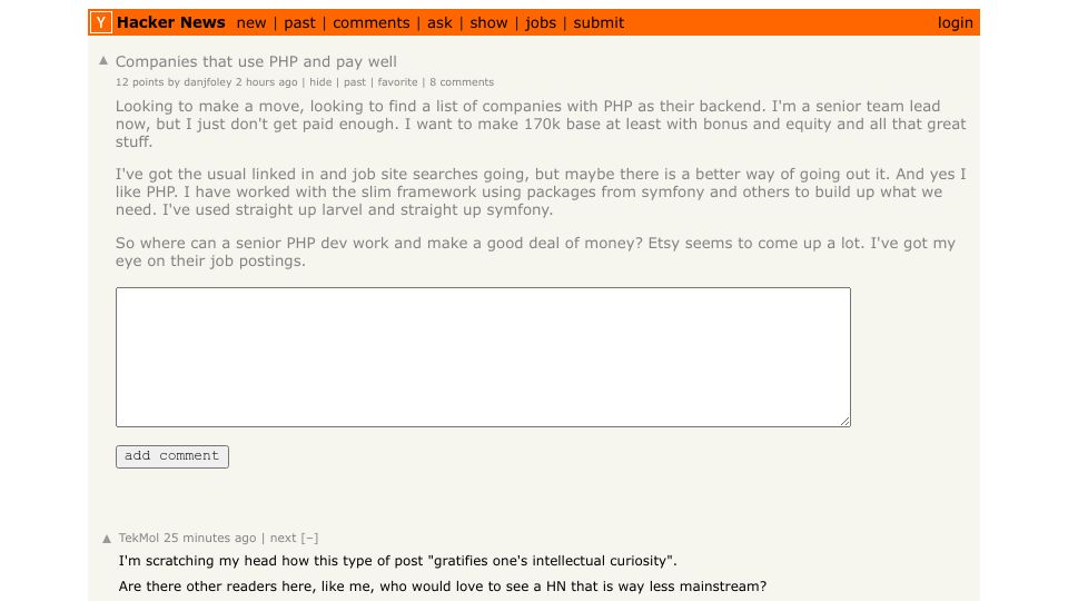Screenshot of Hacker News post: Companies that use PHP and pay well