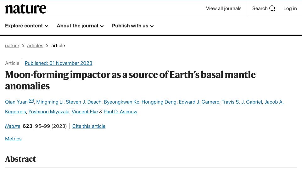 Screenshot of nature.com: Moon-forming impactor as a source of Earth's basal mantle anomalies