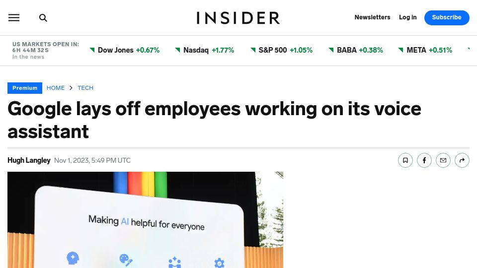 Screenshot of businessinsider.com: Google lays off employees working on its voice assistant