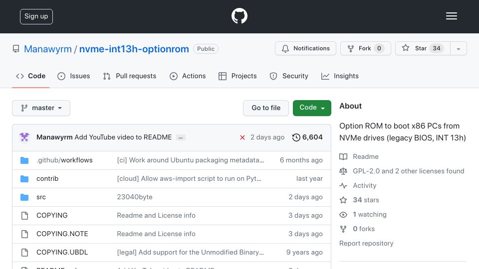 Screenshot of github.com: Boot legacy PCs from NVMe storage