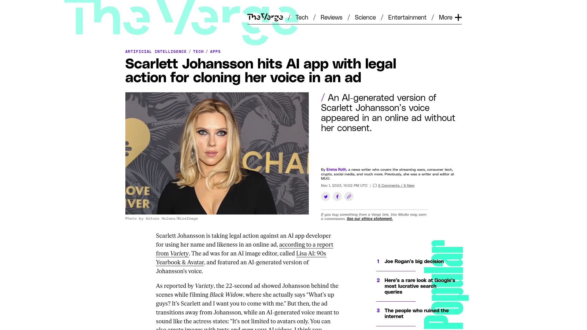 Screenshot of theverge.com: Scarlett Johansson hits AI app with legal action for cloning her voice in an ad