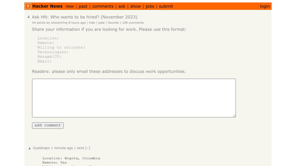 Screenshot of Hacker News post: Ask HN: Who wants to be hired? (November 2023)