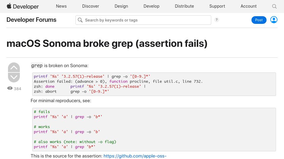 Screenshot of developer.apple.com: macOS Sonoma Broke Grep