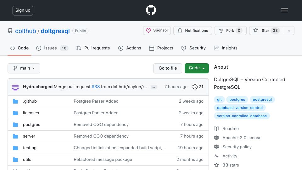 Screenshot of github.com: Show HN: DoltgreSQL – Version-Controlled DB, Like Git and PostgreSQL had a baby