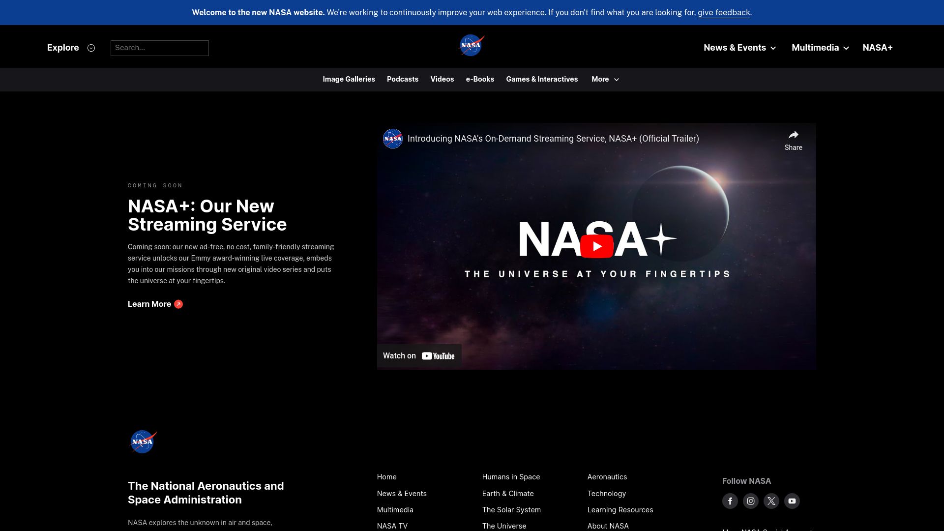 Screenshot of nasa.gov: NASA+: Our New Streaming Service