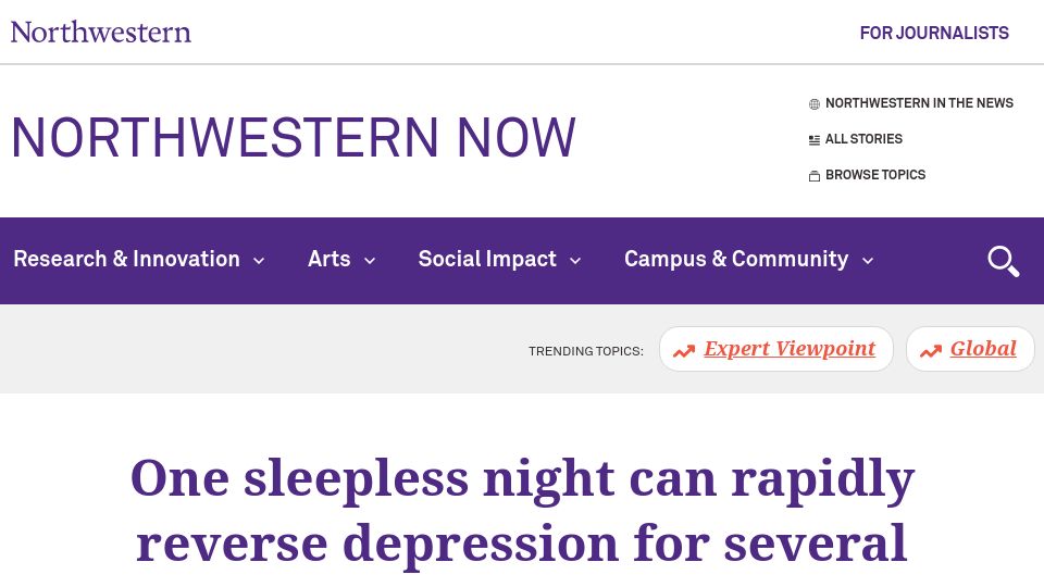 Screenshot of news.northwestern.edu: One sleepless night can rapidly reverse depression for several days in mice